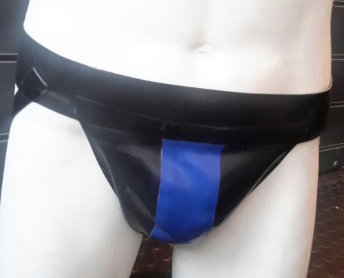 Rubber Jockstrap With Blue Stripe.